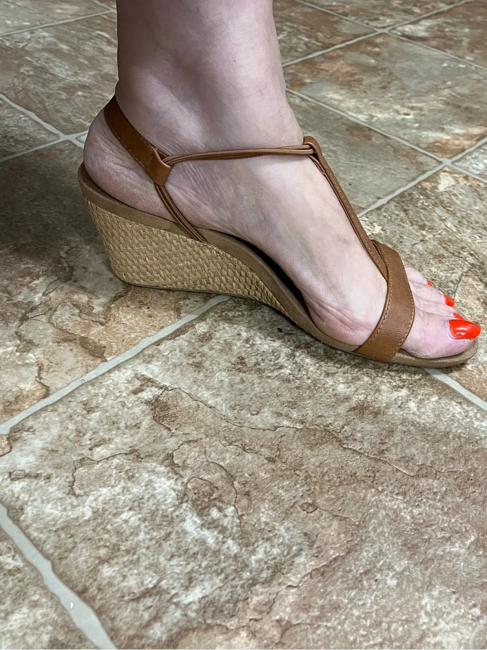 Women’s Tan Wedge Sandals - Casual T-Strap Style